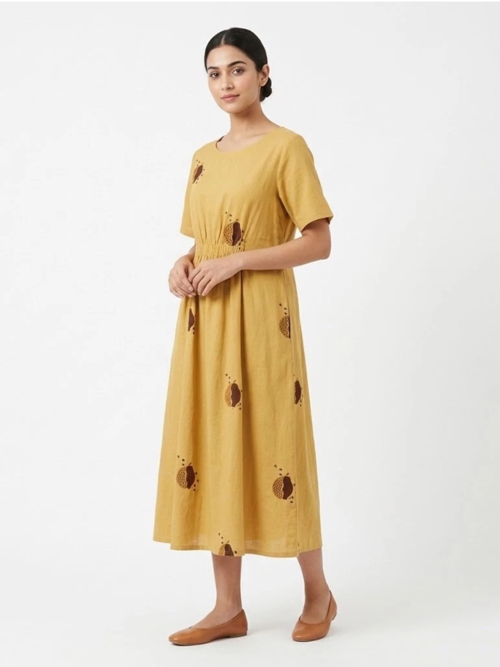 Mata Traders Mia Midi Dress Yellow Large 100% Cotton Handmade Pockets Fall Boho